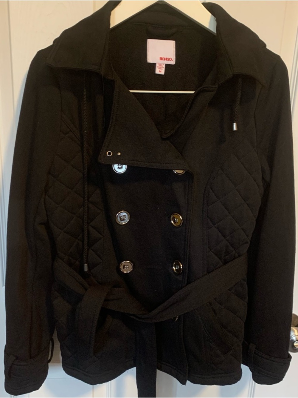 BONGO Black Quilted Double-Breasted Pea Coat with Tie Belt
